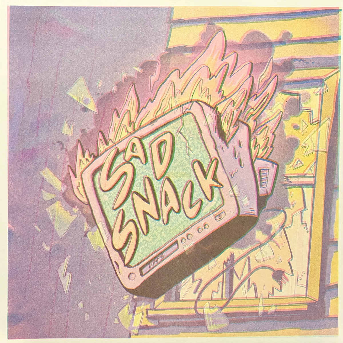 Risograph Print: SAD SNACK BURNING TV (11"x11") by Josh PM