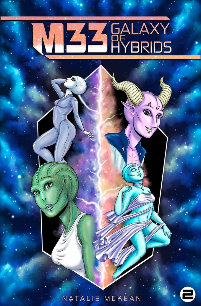 Book cover of 'M33 Galaxy of Hybrids' with alien characters and space background