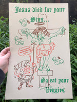 Veggie Tales: Jesus Died for Your Sins Risograph Print (11"x17") by Joa Dimas