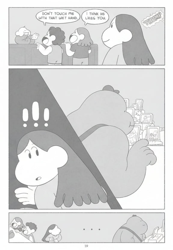 Comic strip with black and white illustrations and text bubbles.