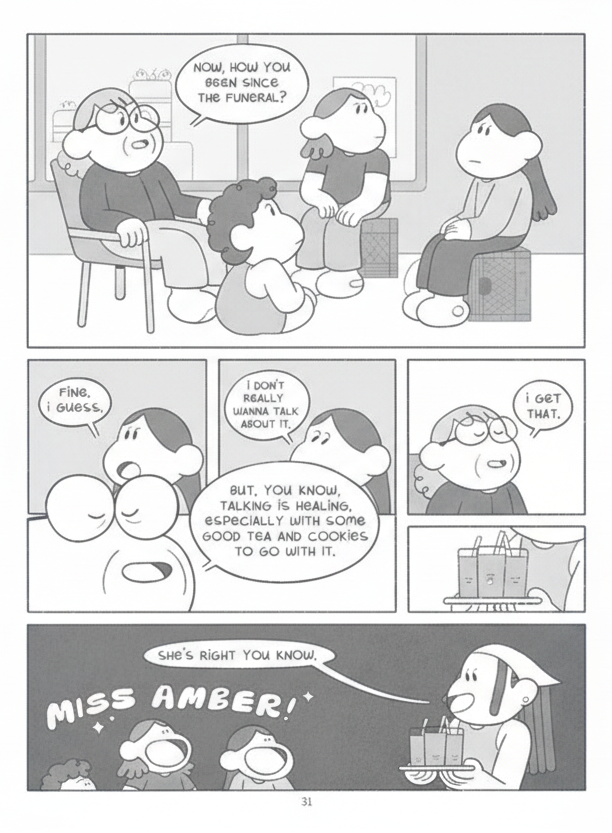 Comic strip with characters discussing a funeral