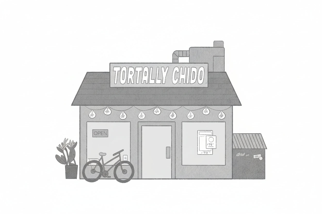 Illustration of a store front with 'Tortally Choo' sign on a white background