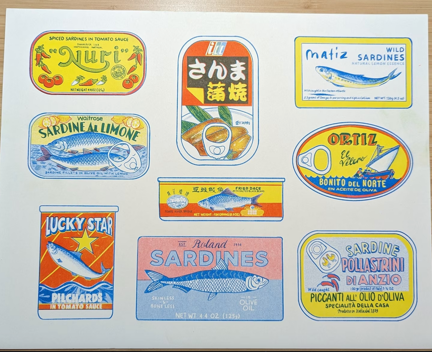 Sardines: Tinned Fish 11"x14" Risograph Print by Christina Hu