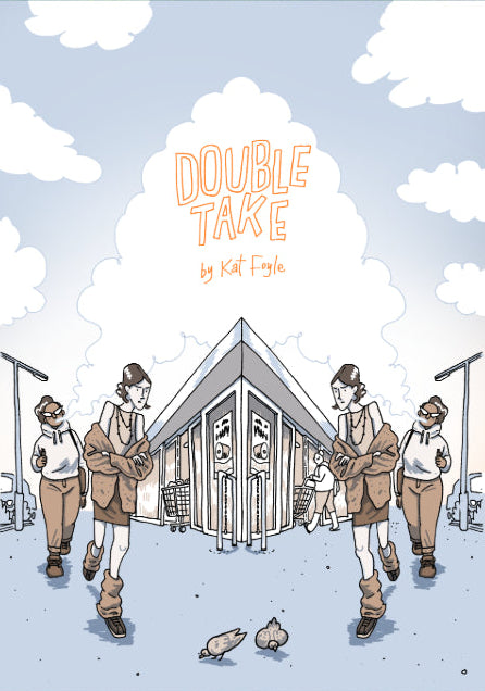 Book cover of 'Double Take' by Kat Frye with a stylized illustration of people walking and a building.