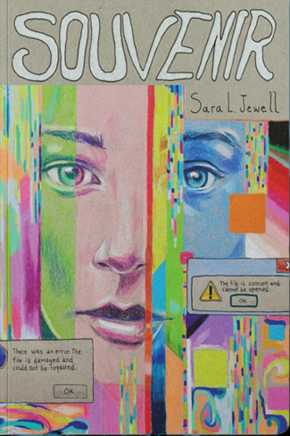 Colorful book cover of 'SOUVENIR' by Sara L. Jewell on a blue and black abstract background