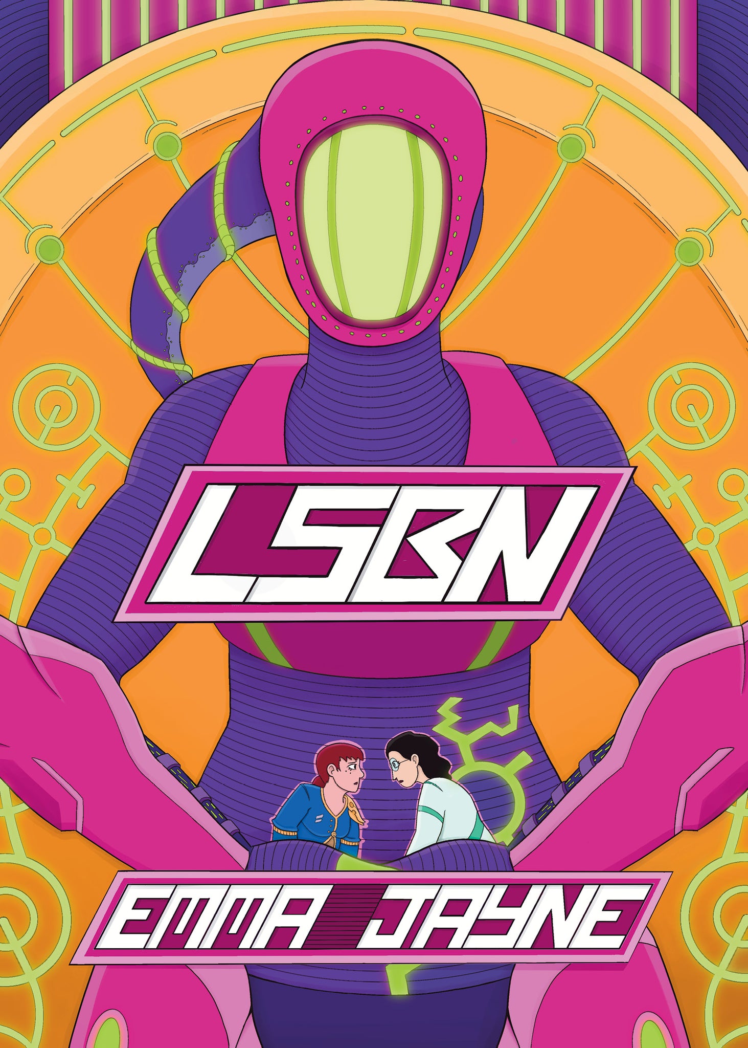 The cover of the graphic novella "LSBN" by Emma Jayne. A humanoid-mecha, with purple and pink paint and green lights, stands front and center in the cover, holding two women in its hands. The women are intensely gazing at each other, their expressions hesitant. The woman on the left is dressed in a blue and yellow pilot's outfit, and the woman on the right is wearing a white and green lab coat